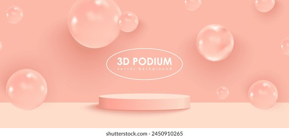 Peach-pink realistic cylindrical podium with a flying ball-sphere or bubble. Vector abstract studio with 3D geometric platform, minimal stage for product promotion.