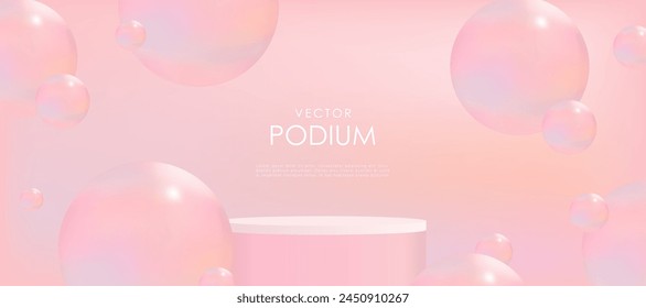 Peach-pink realistic cylindrical podium with a flying ball-sphere or bubble. Vector abstract studio with 3D geometric platform, minimal stage for product promotion.