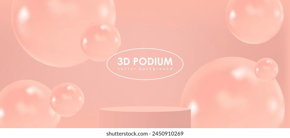 Podio cilíndrico realista de color rosa melocotón con una esfera voladora o burbuja. Estudio abstracto de Vector con plataforma geométrica 3D, escenario mínimo para la promoción de productos.