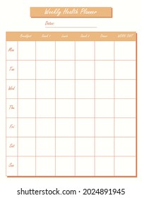 Peach-toned weekly meal planner, health glider. Menu, food, To Do, schedule, self-care, to-do list.