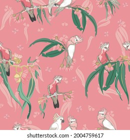 Peachy Australian native cockatoos and Galah birds seamless pattern