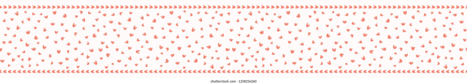 Peachy Coral Petal Blooms Border Vector. Tiny Floral Seamless Repeating Banner Background. Hand Drawn Random Ditsy Dotty Fashion Print, Ribbon Trim, Washi Tape, Stationery, Kids Decor Packaging.