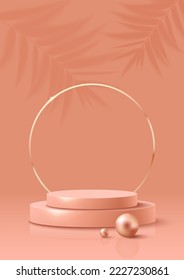 Peachy Double Podium with Pearls for Your Product with Golden Ring Frame and Shadow Palm Leaves on Background. Vertical Banner. Vector Illustration.