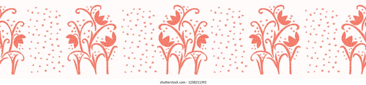 Peachy Living Coral Flower Blooms Border Vector. Pretty Floral Seamless Repeating Banner. Hand Drawn Bold Paper Cut Style Blossom. Trendy Fashion Ribbon Trim, Washi Tap, Stationery, Garden Packaging.
