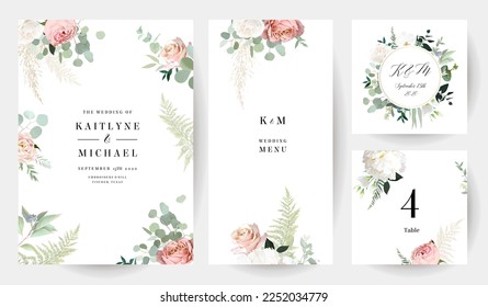 Peachy pink rose, white orchid, peony, ranunculus, eucalyptus, greenery, pampas grass, fern vector design frames. Wedding seasonal flower cards. Floral watercolor composition. Isolated and editable