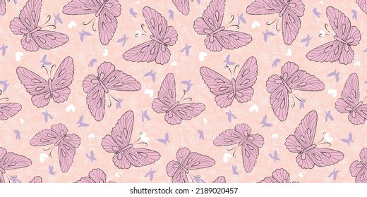 Peachy pink violet artistic texture butterflies vector seamless pattern. Great for girly fabric allover prints, textile,packaging, fashion and more