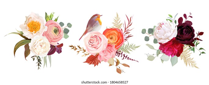 Peachy rose, white and burgundy red peony, orange ranunculus, carnation, papaver, autumn leaves, robin bird and mix of seasonal plants vector wedding bouquets. All elements are isolated and editable