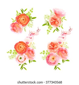 Peachy roses, ranunculus and exotic herbs bouquets vector design elements