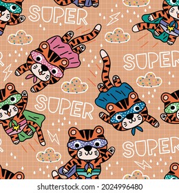El texto Peachy SUPER con superhéroes tigres es un patrón sin fisuras. Texturas de dibujos hechos a mano por niños creativos para tejidos, envolturas, textiles, papel pintado, prendas de vestir 