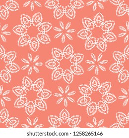 Peachy Tiny Coral Flower Blooms. All Over Decorative Print Vector. Lacy Floral Polka Dot Seamless Repeating Pattern Background. Drawn Ditsy Dotty Fashion Print, Wallpaper, Pretty Stationery, Packaging