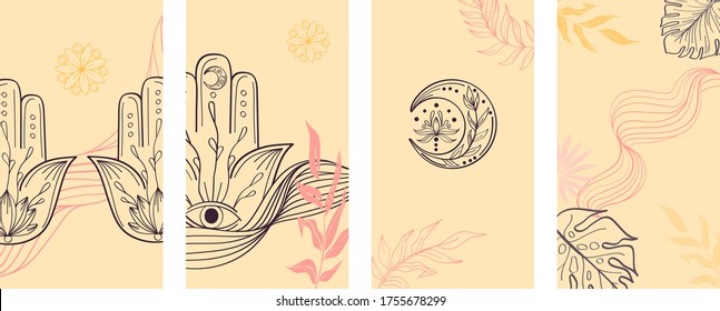 Peachy and violet Social Media Stories Layout Set. Abstract hand drawn set of linear template in yoga style for womenly profile, social media, mobile app. Abstract trendy yoga stories hamsa, om, moon - Shutterstock ID 1755678299
