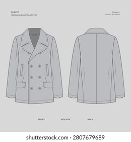 PEACOAT JACKET TECHNICAL DRAWING VECTOR FLAT SKETCH FRONT BACK