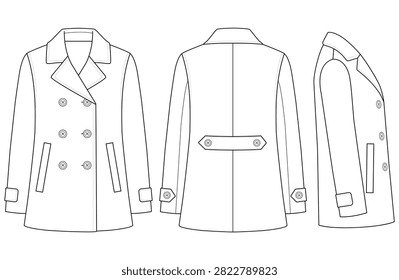 Women’s Peacoat Technical Fashion Flat Vector with Front Back and Side Views
