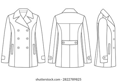 Women’s Peacoat Technical Fashion Flat Vector with Front Back and Side Views