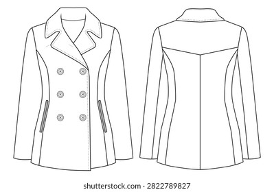 Women’s Peacoat Technical Fashion Flat Vector with Front Back and Side Views