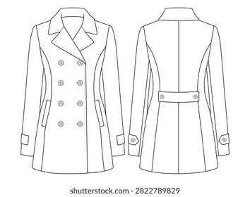 Women’s Peacoat Technical Fashion Flat Vector with Front Back and Side Views