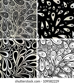 Peacock abstract seamless patterns set.
