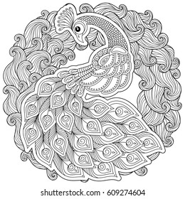 Peacock. Adult antistress coloring page. Black and white hand drawn doodle for coloring book
