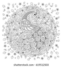 Peacock. Adult antistress coloring page. Black and white hand drawn doodle for coloring book