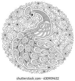 Peacock. Adult antistress coloring page. Black and white hand drawn doodle for coloring book