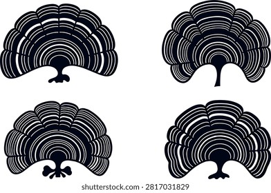 Peacock Algae Padina Pavonica Vector Silhouette Set with Concentric Fan Shaped Fronds for Marine Botany Science Illustrations and Coastal Nature Graphics.eps