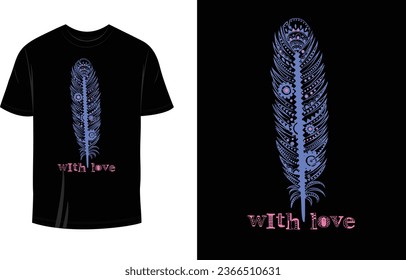 Peacock Alpona Feather With Love Print Ready T Shirt Design Vector