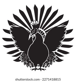 Peacock among feathers and with spread wings stylized as a coat of arms. Good for tattoo. Editable vector monochrome image with high details isolated on white background