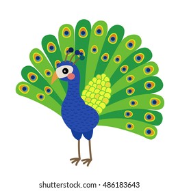 Peacock animal cartoon character isolated on white background.