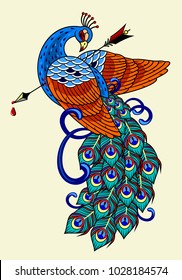 Peacock with an arrow in his chest, old school tattoo image