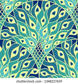 Peacock art deco seamless pattern. Art nouveau vintage background