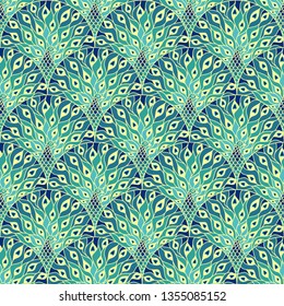 Peacock art deco seamless pattern. Art nouveau vintage background