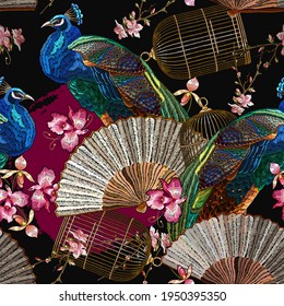 Peacock, asian fan, golden cage and sakura flowers. Japanese and Chinese style. East art. Oriental seamless pattern. Fashion japan art. Ethnic template for design of clothes 