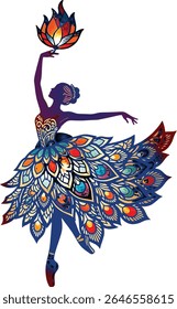 Peacock Ballerina with Flaming Lotus Colorful Dance Illustration