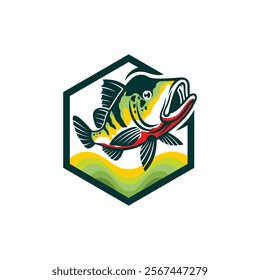 Peacock bass fish logo with hexagon concept