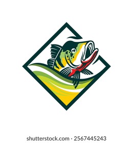 peacock bass fish logo jumping from water