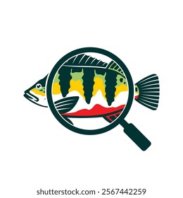 peacock bass logo with magnifying glass concept