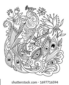 Peacock with beautiful feathers. Page of coloring book. Vector illustration.