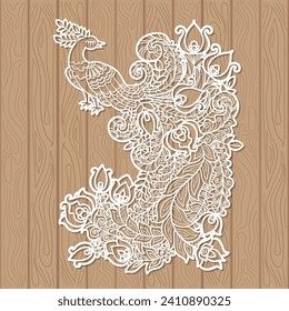 Peacock with a beautiful, long tail. Template for laser cutting from paper, cardboard, wood, metal. Vintage style . Decorative bird for your design of cards, wedding invitations, interior decorations,