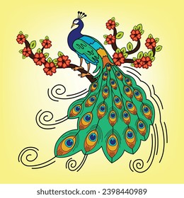 peacock and beautiful tailed bird standing on the branch