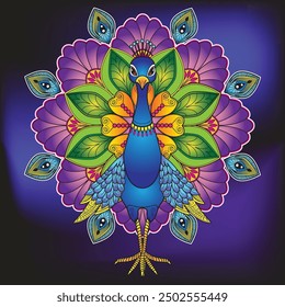 Peacock beautiful,Editable stroke,beautiful bird,,violet,geen,yellow,deep blue, brid full body,mandala, design art wall; fablic pattern; fashion; fashion; flower; 