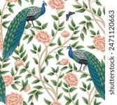 Peacock bird, butterfly, pink rose tree floral seamless pattern white background. Chinoiserie wallpaper.	