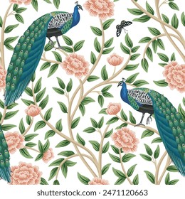 Peacock bird, butterfly, pink rose tree floral seamless pattern white background. Chinoiserie wallpaper.	