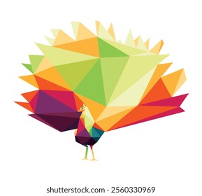 peacock bird with flared tail in colorful polygonal abstract. Colorful Low Poly Vector of Peacock big tail. Triangle Colorful logo of peacock