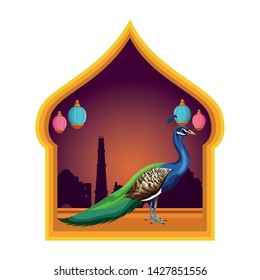 peacock bird with hanging lanterns and silhouettes into asiatic shape frame icon cartoon isolated vector illustration graphic design