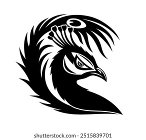 Peacock bird icon with tail feather on white background.
