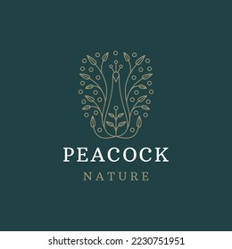 Peacock bird with leaf illustration line logo design template