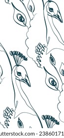 peacock bird nature wildlife artistic seamless ink vector one line pattern hand drawn 