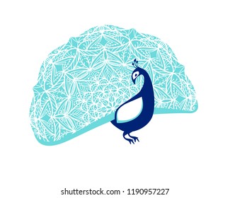 Peacock bird with patterned tail. Flat vector illustration