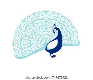 Peacock bird with patterned tail. Flat vector illustration
