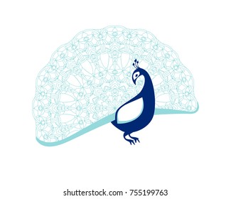 Peacock bird with patterned tail. Flat vector illustration